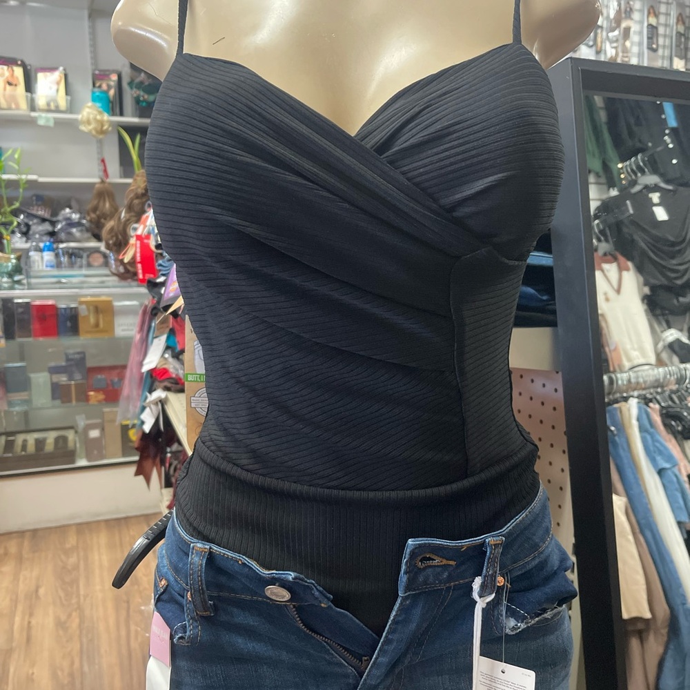 Black Ribbed Wrap-Front Cami Top - Picture 2 of 7